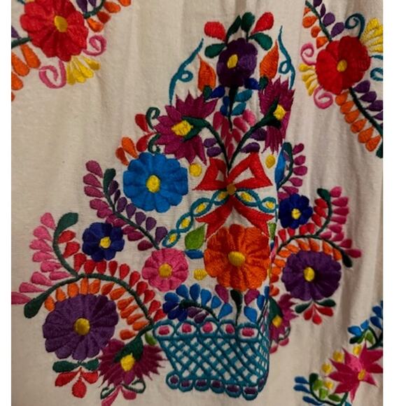 Vintage Mexican Floral Embroidered Flax Muslin Hemp Huipil Dress M - Picture 5 of 7